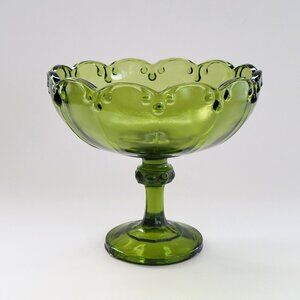 Vintage Indiana Glass Garland Pedestal Compote Dish, Avocado Green Teardrop Edge